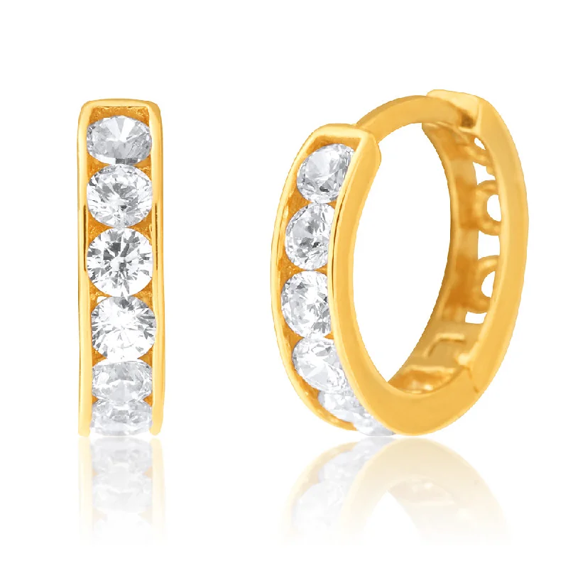 pearl stud earrings classic 9ct Yellow Gold White Zirconia 10mm Huggies