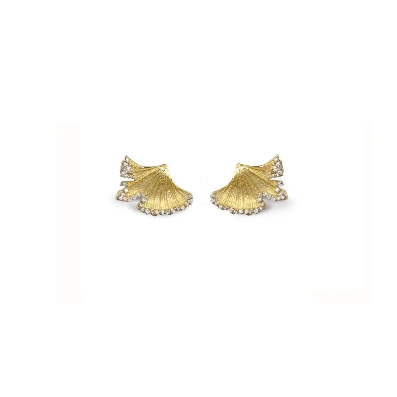 solid gold disc charm bracelet Ginkgo Leaf 14K Gold Studs w. Diamonds