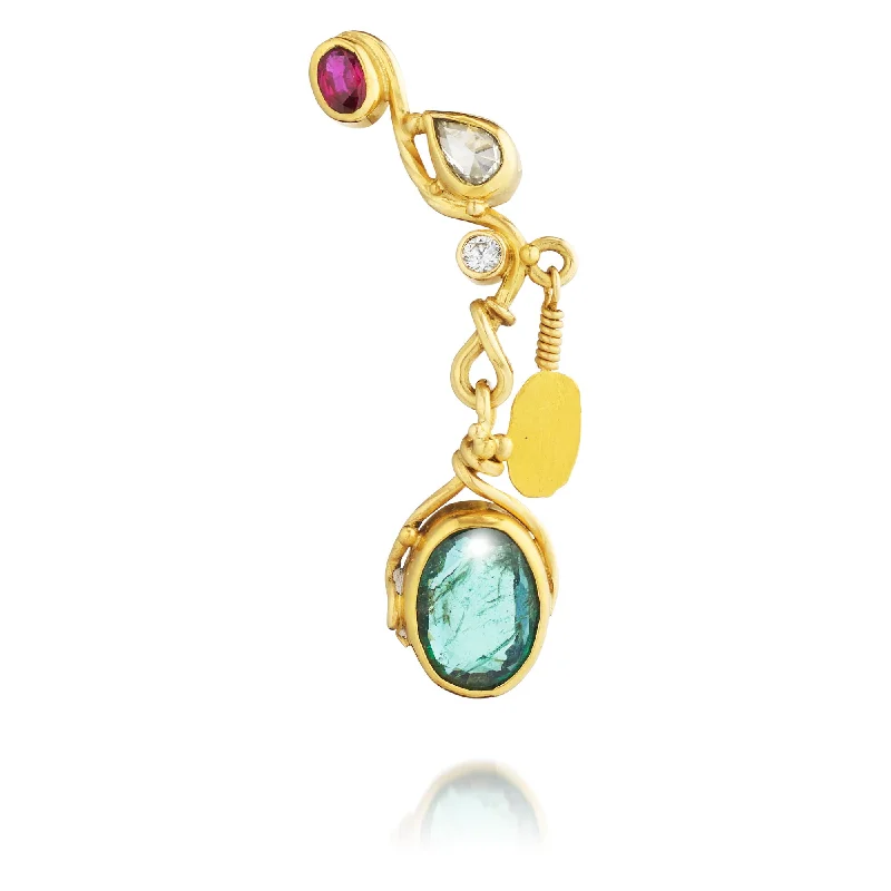 unique wooden bead necklace Seafire 18K & 24K Gold Earring w. Diamonds, Emeralds & Ruby