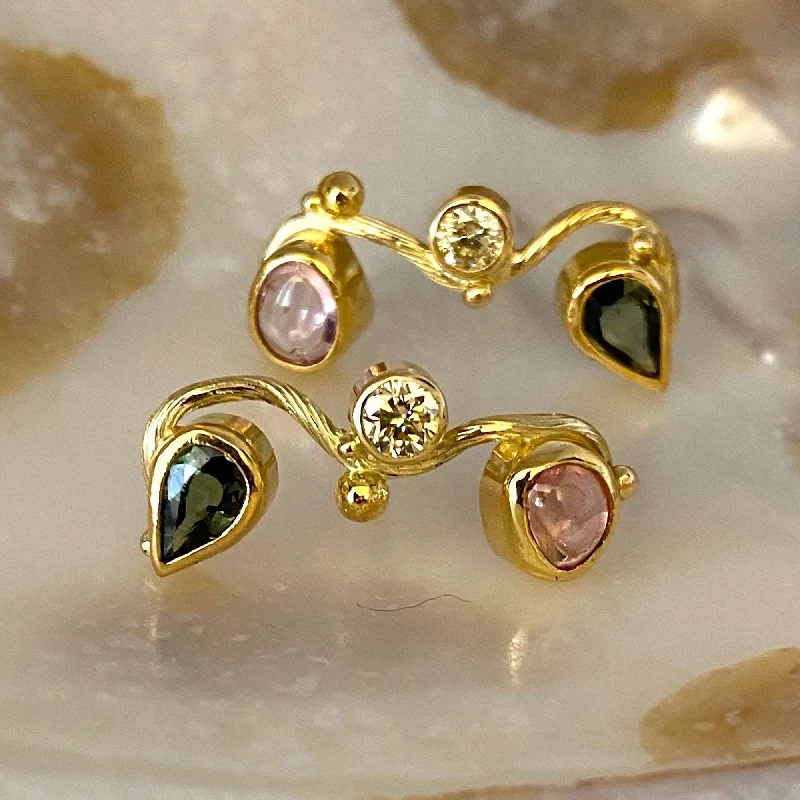 diamond halo engagement ring Seafire 18K & 22K Gold Earring w. Diamond & Pink & Green Sapphire