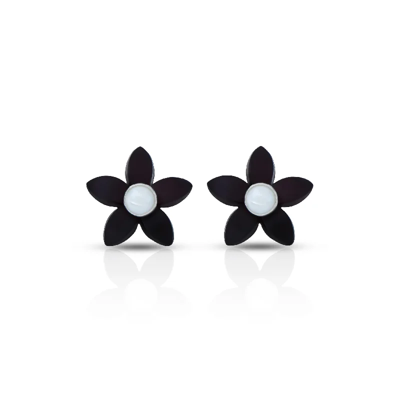 vintage marcasite brooch floral Black Flower Stud Silver Earrings with Pearl Center