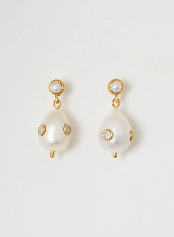 natural crystal pendant necklace Pearl on pearl 14K Gold Plated Earring w. Zirconia & Pearl