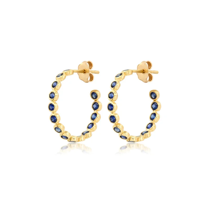 dainty gemstone drop earrings Blue Sapphire Small Bezel Hoops