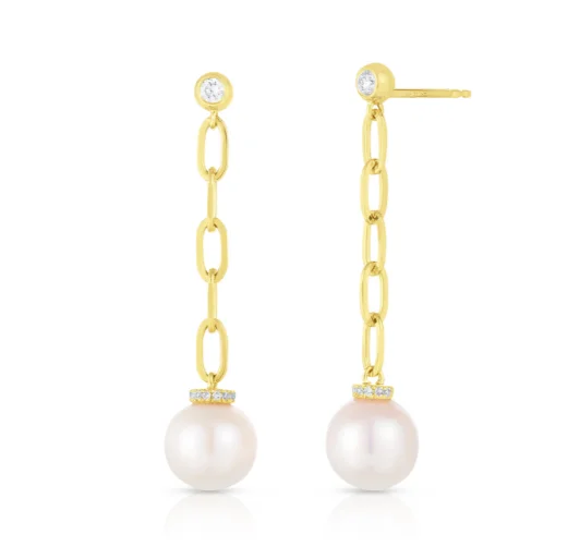 dainty gemstone choker necklace Bremer Jewelry Dangle Freshwater Cultured Pearl Earrings in 14K Yellow Gold (.16ctw)