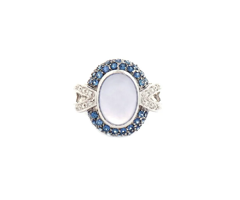 handcrafted silver cross pendant Chalcedony Cabochon Sapphire and 0.10ctw Diamond Frame Ring in 14K