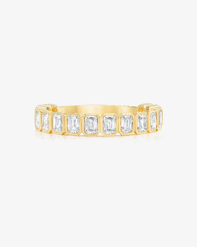 silver wave ring dainty Emerald Bezel 3/4 Diamond Band