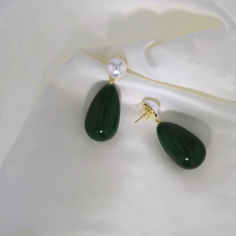 pearl and gold chain earrings Drop Green & White Gold Plated Earrings w. Pearls