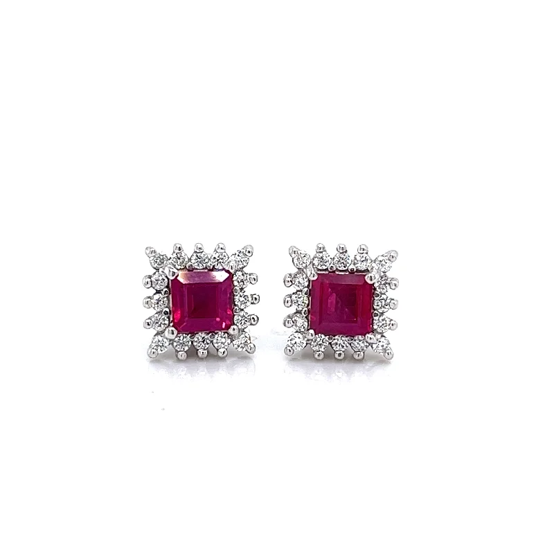 simple crystal pendant necklace Estate Princess Shape Rubies and Diamond Solitaire/Stud Earrings in 18K White Gold (1.24ctw)
