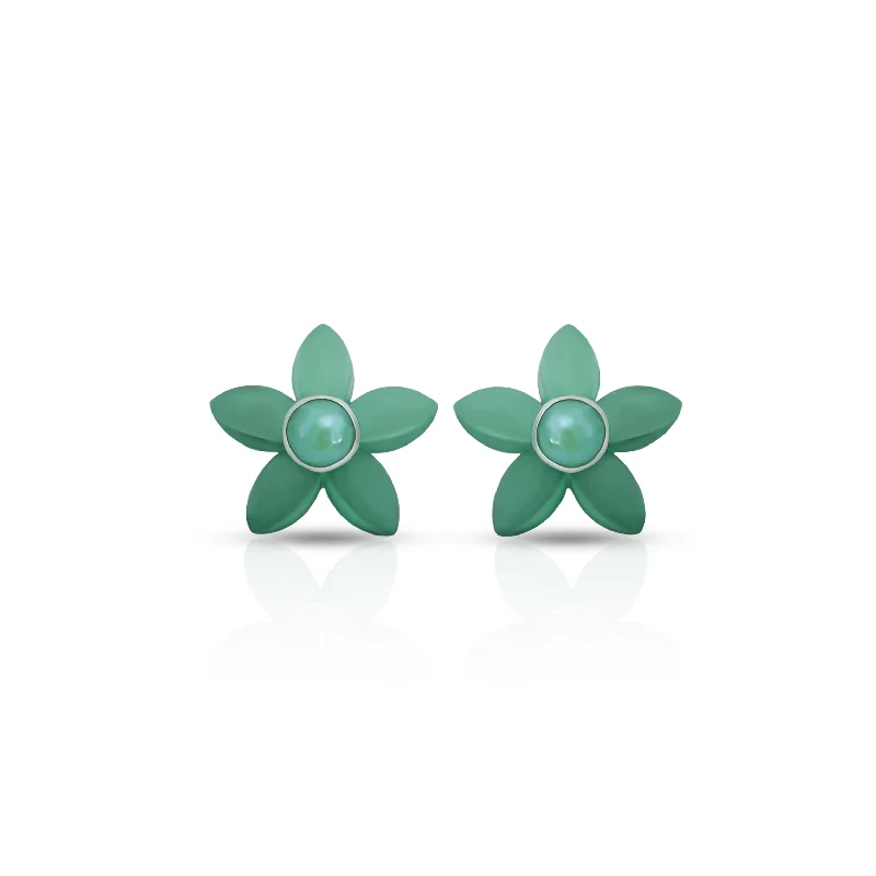 dainty beaded stretch bracelet Green Flower Stud Silver Earrings with Pearl Center