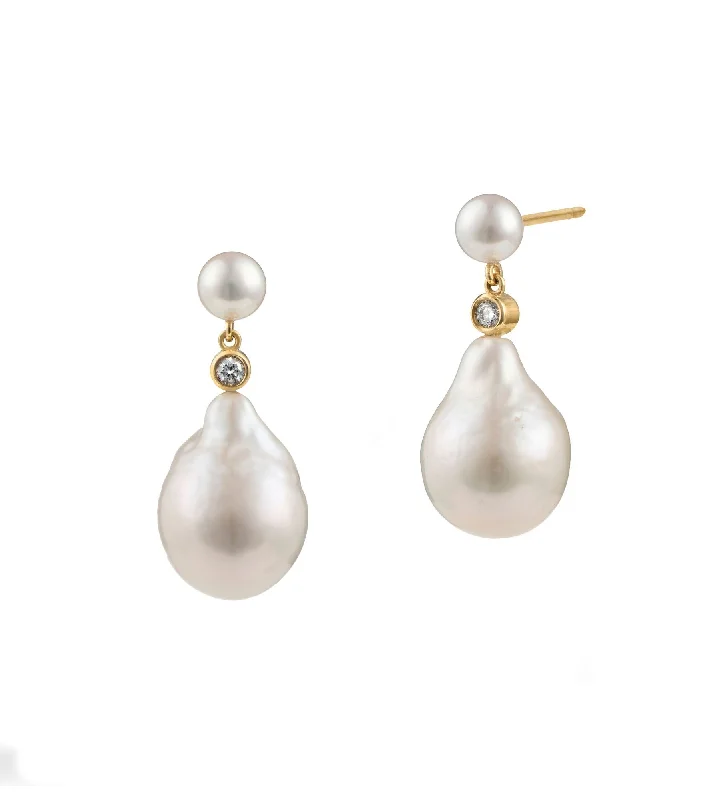 handcrafted beaded hoop earrings Pearl Duo 18K Gold Drop Earrings w. Pearls & Diamonds