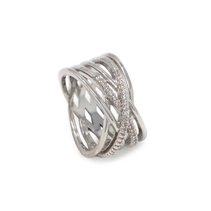 women’s leather wrap bracelet Multi Row Crossover CZ Ring Rhodium Pl