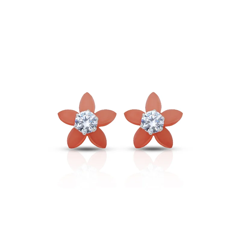 handmade clay bead earrings Orange Flower Silver Earrings with American Diamond Center