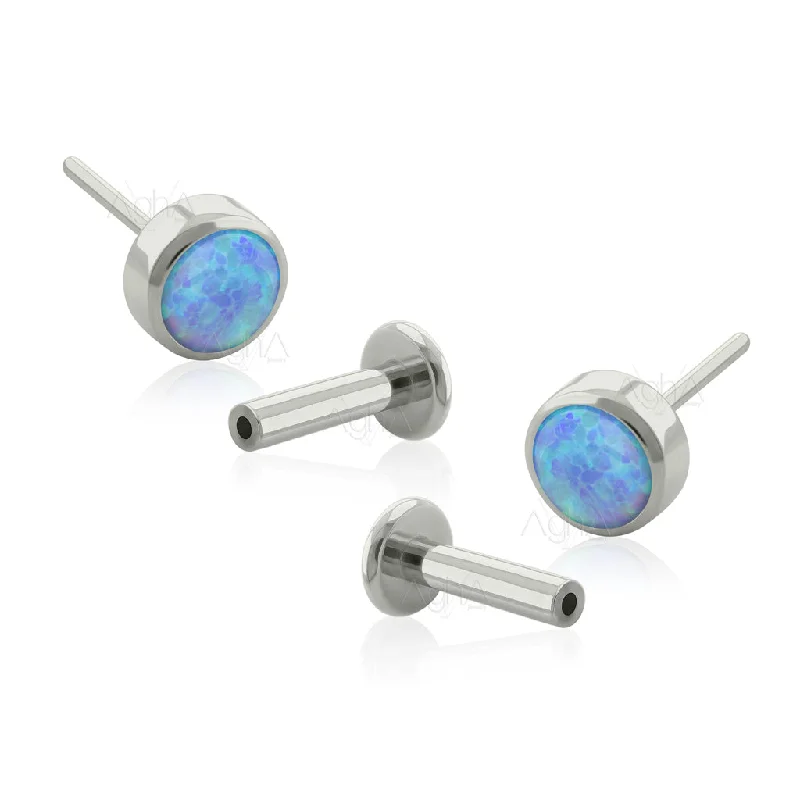 celestial star earrings stud Pair, 16g Implant Grade Titanium Threadless Labret with Flat Bezel Setting, Light Blue Synthetic Opal (Top and Bottom)//Cartilage and earlobe jewelry