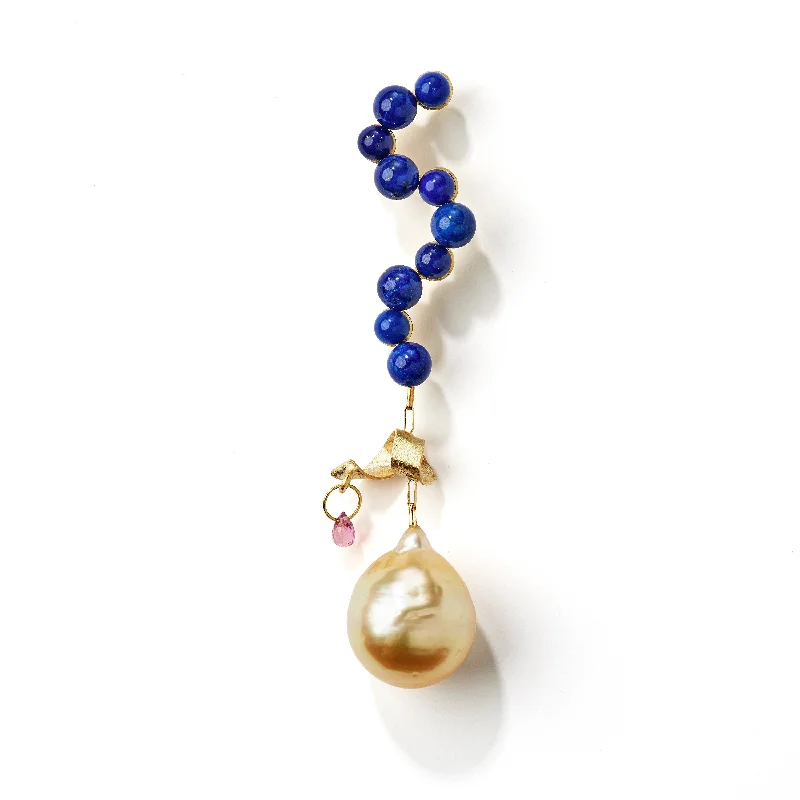sterling silver toe ring set Fine Curves 18K Gold Earring w. blue Lapis, pink Sapphire & a golden Pearl