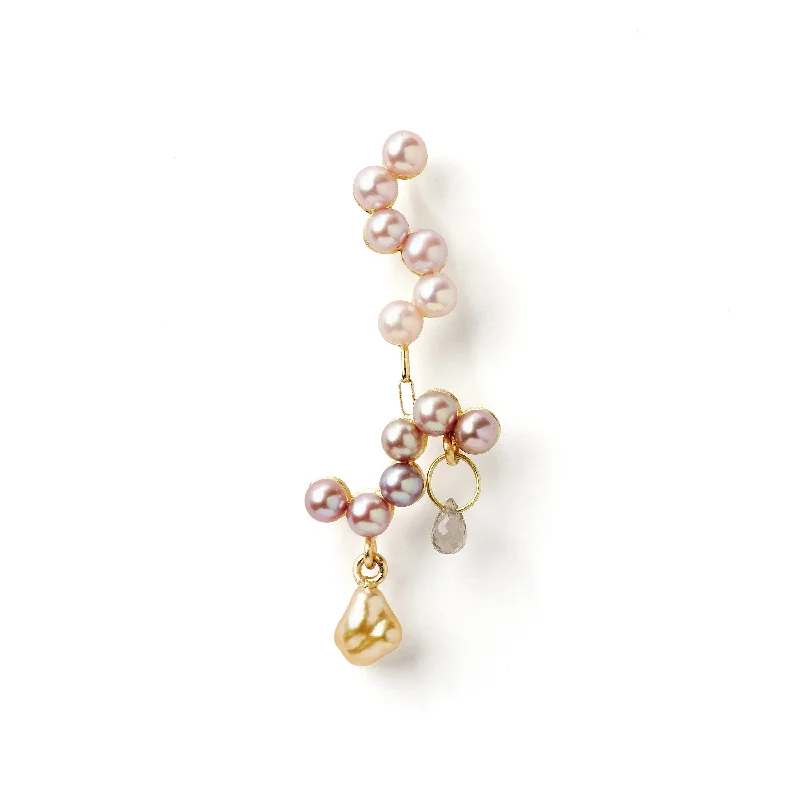 gold bar earrings minimalist Fine Curves 18K Gold Earring w. pink Pearls & green Sapphire