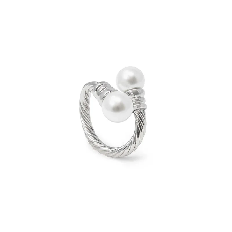 modern geometric silver ring Rhodium Plated Adjustable Cable Ring Pearl