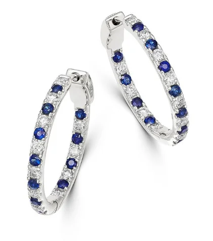 minimal diamond bar necklace Round Shape Sapphire and Diamond Medium Hoop Earrings in 18K White Gold (4.70ctw)