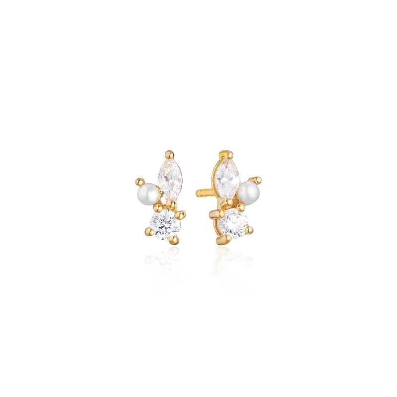 men’s engraved stainless steel bracelet Adria Tree Piccolo Gold Plated Studs w. White Zirconias & Pearl