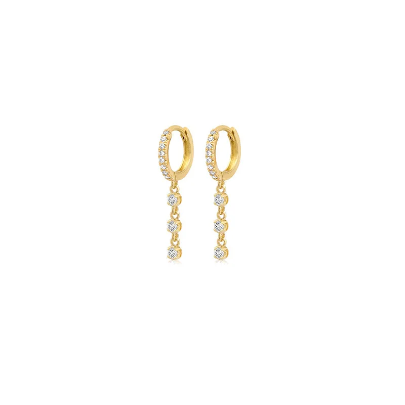 pearl and gold chain earrings Small Diamond Huggies with 3 Mini Diamond Drop