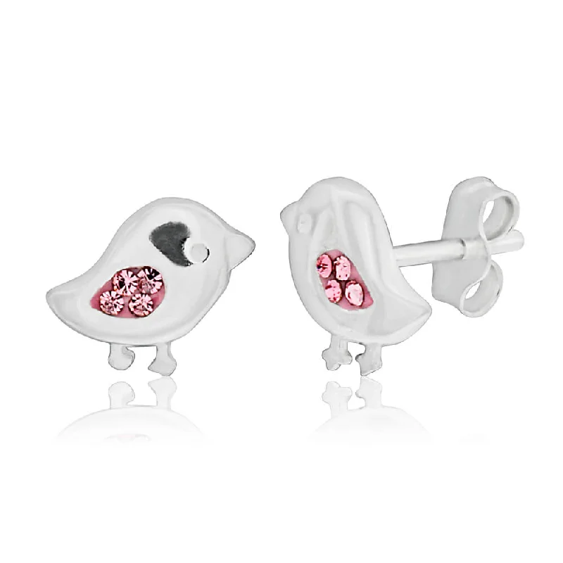 thin gold wire earrings Sterling Silver Pink Bird Cubic Zirconia Stud Earrings