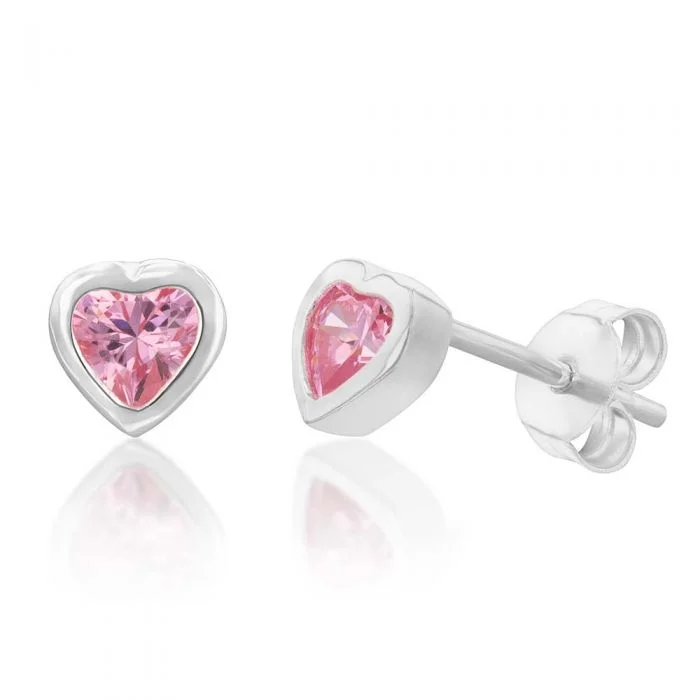 men’s silver wedding band Sterling Silver Pink Cubic Zirconia Heart Stud Earrings