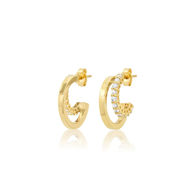 solid gold disc charm bracelet Mini Double Hoops with 4-Prong Diamond Accent