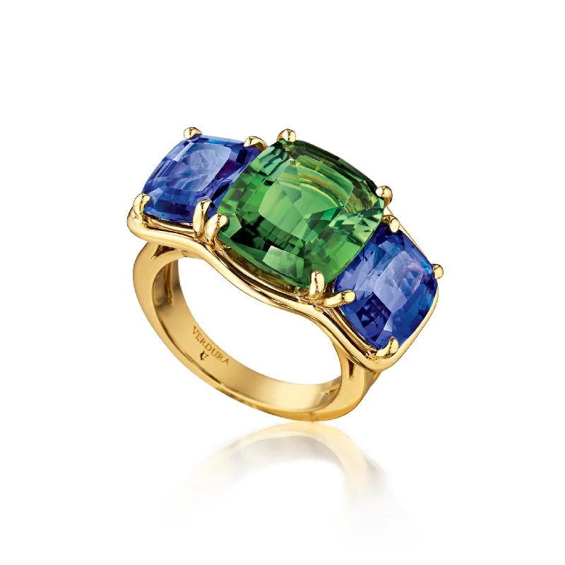 white gold infinity ring Three Stone Ring in Tourmaline and Tanzanite