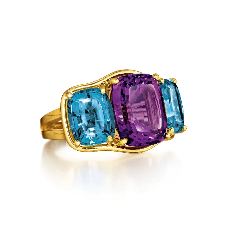 Celtic knot wedding band Three Stone Ring in Amethyst and Denim Blue Topaz
