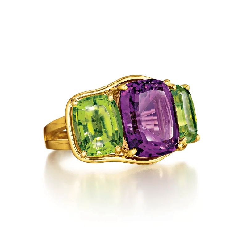 heart pendant necklace gold Three Stone Ring in Amethyst and Peridot