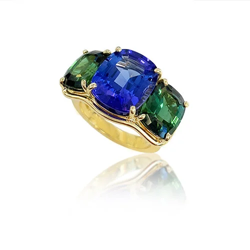black diamond stud earrings Three Stone Ring in Tanzanite and Green Tourmaline