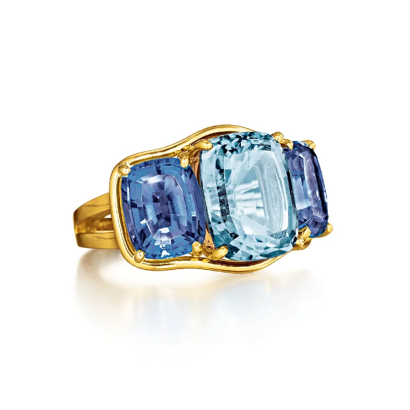 round cut diamond engagement ring Three Stone Ring in Aquamarine and Iolite