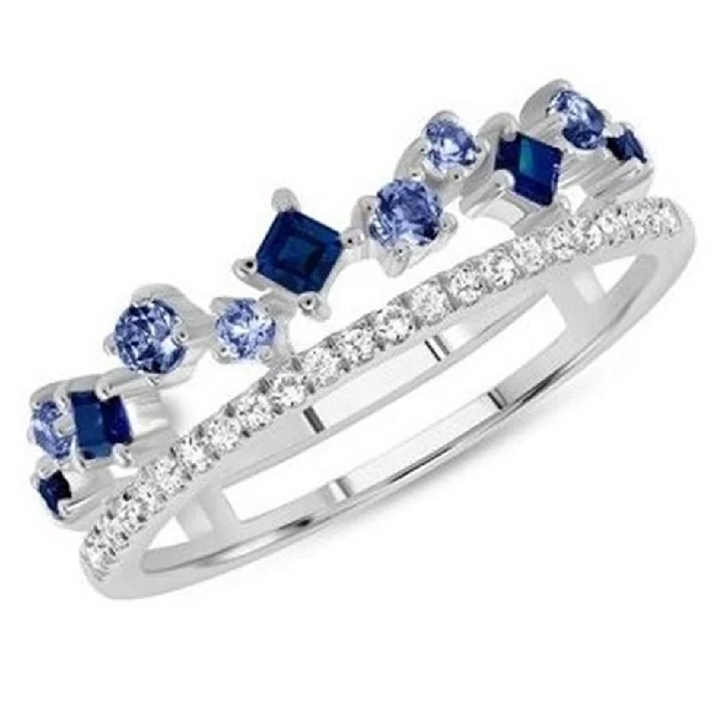 sapphire princess cut ring 14k White Gold Two Row Zig Zag Sapphire & Diamond Band