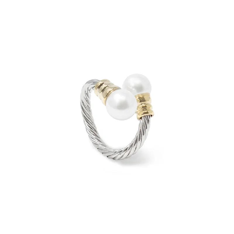 celestial moon and stars ring Two Tone Adjustable Cable Ring Pearl