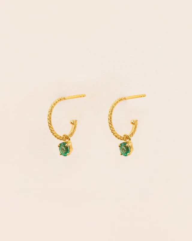 handcrafted gemstone drop earrings 18K Gold Hoops w. Green Emerald