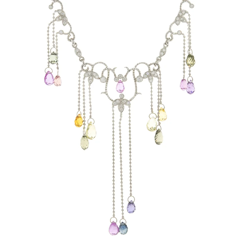 celestial star earrings stud 14 Karat White Gold Briolette Rainbow Sapphire and Diamond Drop Necklace