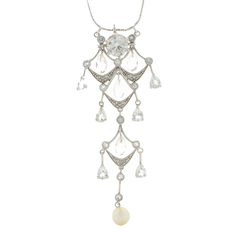 minimal diamond bar necklace 14 Karat White Gold Diamond, White Sapphire, and Pearl Vintage Chandelier Necklace minimal diamond bar necklace 14 Karat White Gold Diamond, White Sapphire, and Pearl Vintage Chandelier Necklace