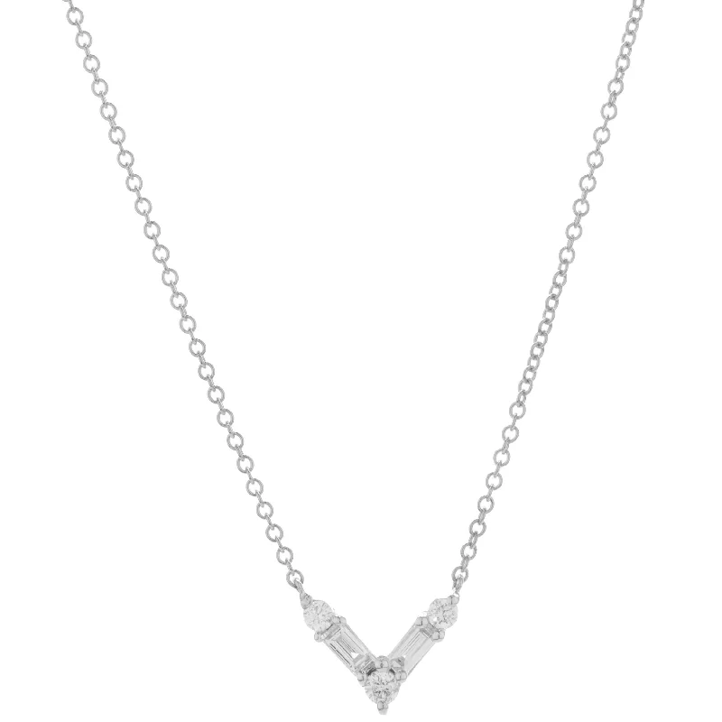 dainty sapphire gemstone bracelet 14 Karat White Gold Round and Baguette Cut Diamond V Necklace