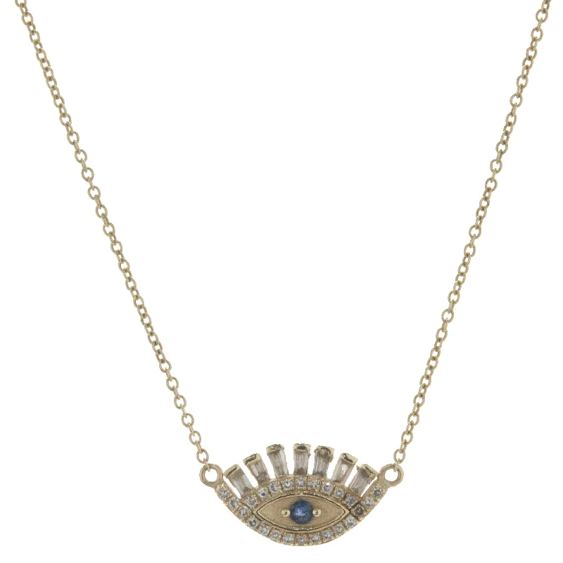 delicate heart stud earrings 14 Karat Yellow Gold Round and Baguette Diamond and Sapphire Evil Eye Necklace