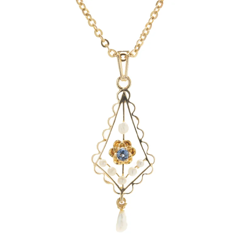 bold chunky cocktail ring 14 Karat Yellow Gold Vintage Seed Pearl and Sapphire Necklace