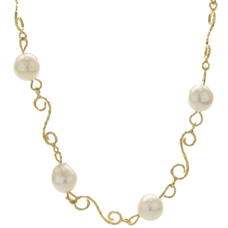 waterproof beach anklet stainless steel 18 Karat Yellow Gold Pearl Station Necklace with Ornate Link