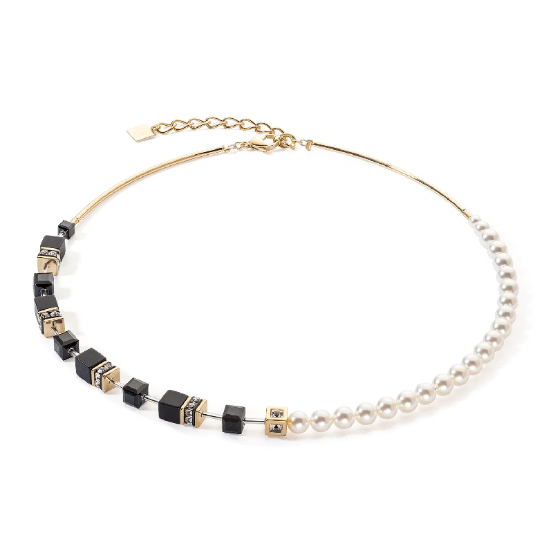 dainty gemstone choker necklace Black & Gold GeoCube Pearl Necklace