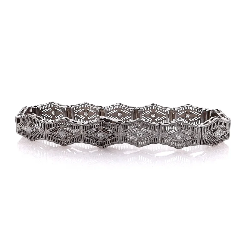 classic cubic zirconia pendant Estate 14 karat White Gold Filagree Fence Link Diamond Bracelet