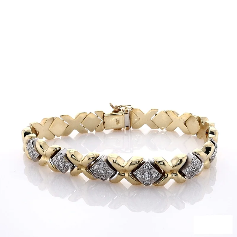 simple gold stacking rings Estate 18 Karat Yellow Gold XO Pattern Diamond Bracelet