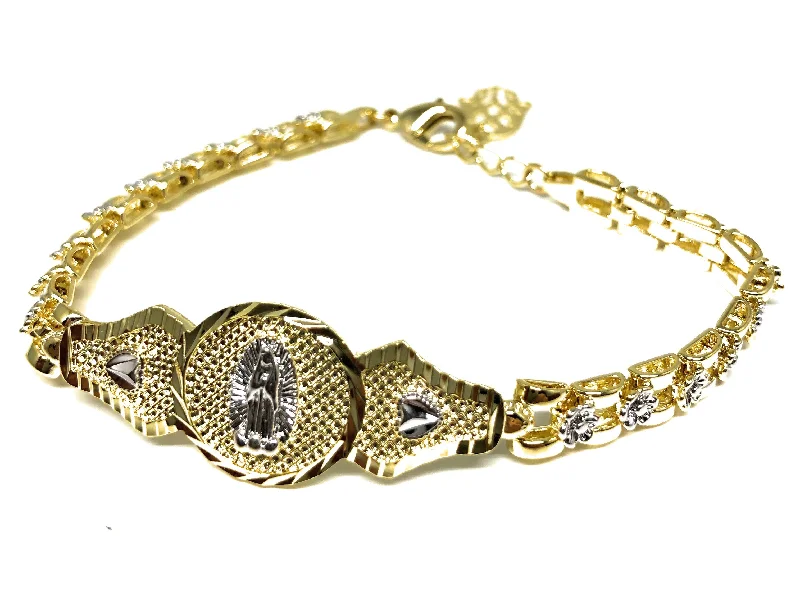 classic silver pearl earrings Gold Plated 2-Tone White Gold Virgin Mary Bracelet Virgen De Guadalupe Pulsera Tres Colores Oro Laminado 8"