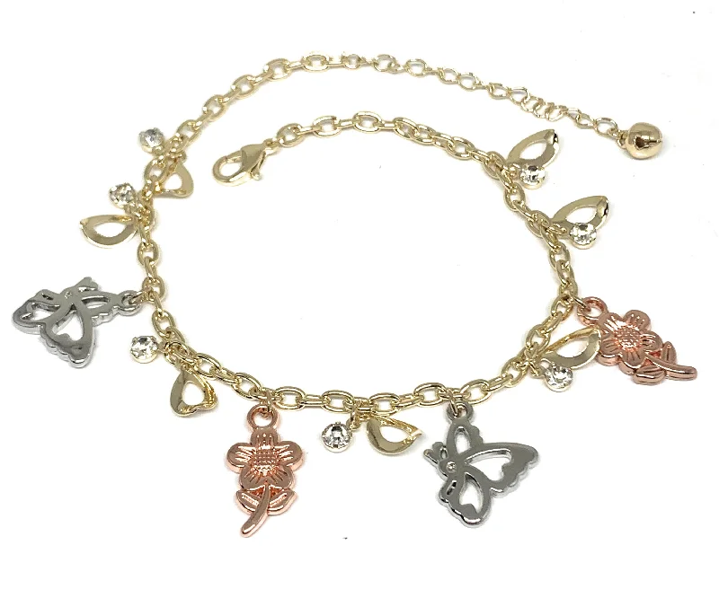 personalized engraved locket Gold Plated Butterfly & Flower CZ Ankle Bracelet 8-11”