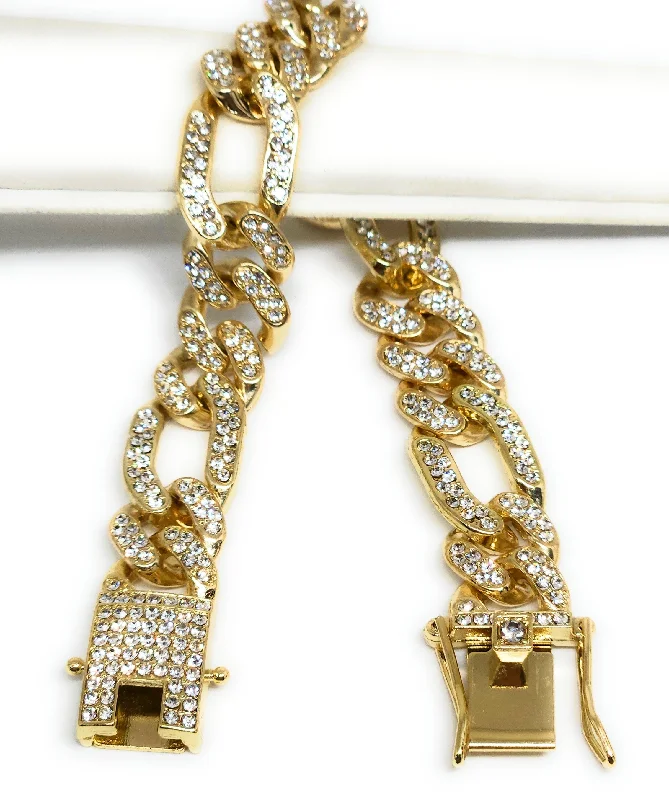 personalized initial ring stackable Gold Plated FIGARO ICED OUT CZ Bracelet 8" 13MM Width