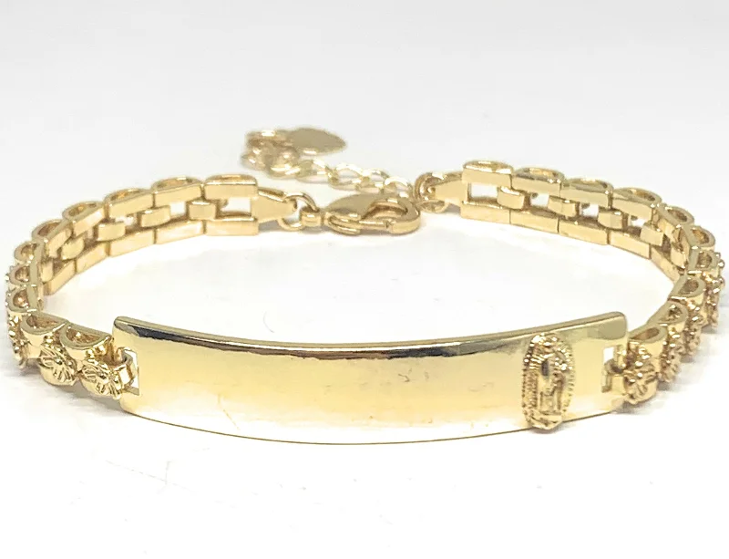 handmade leather ring Gold Plated Yellow Virgin Mary Flower ID Bracelet 7.5” 5.5mm Width Esclava