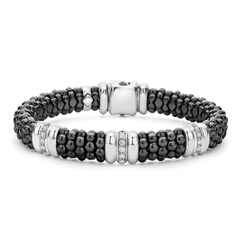 unique emerald green ring Lagos Black Caviar Three Station Ceramic Diamond Bracelet, 9mm
