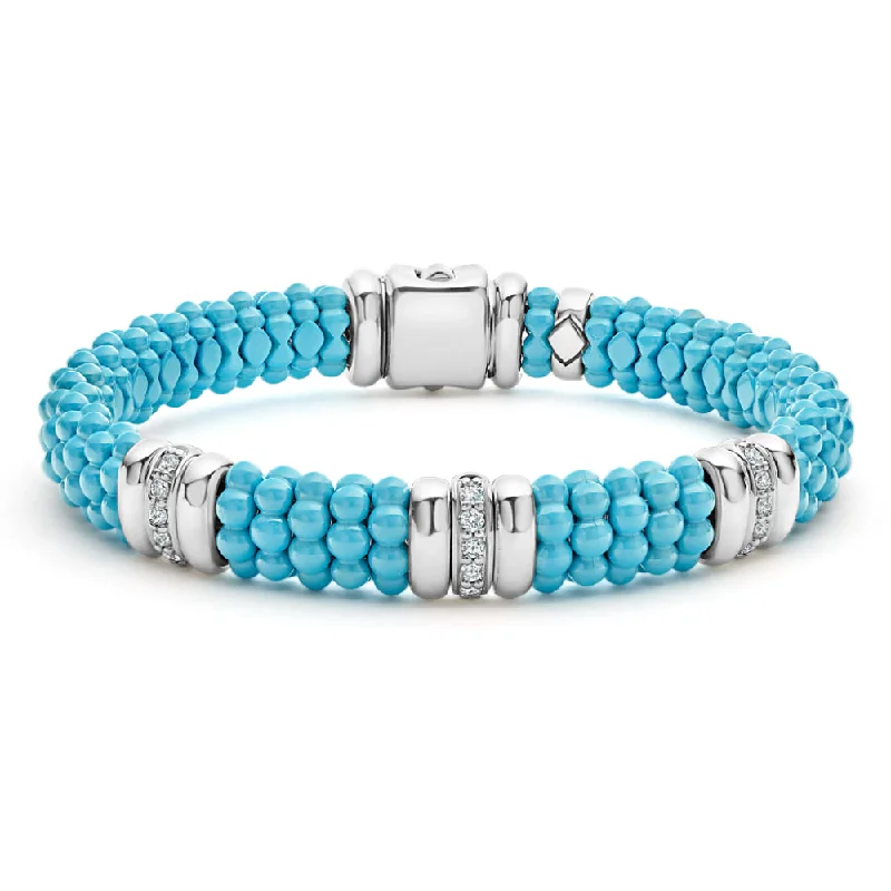 adjustable minimalist wave bracelet Lagos Blue Caviar Three Station Ceramic Diamond Bracelet