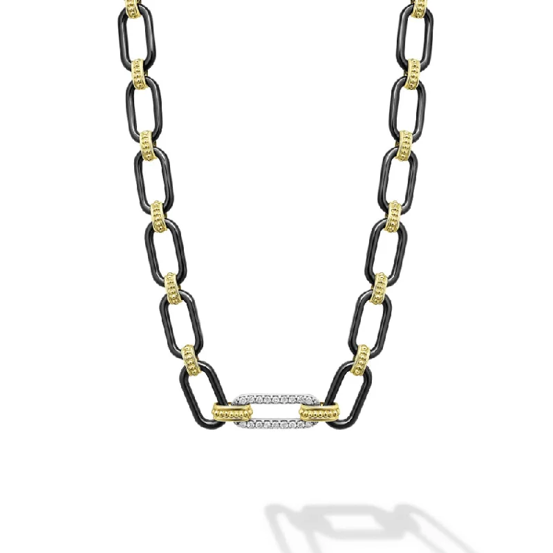 vintage-inspired pearl brooch Lagos Signature Caviar 18k Gold & Black Ceramic Diamond Station Link Necklace, 6mm